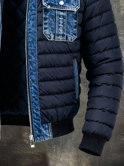Men's Denim Puffer Jacket with Stand Collar and Zip Closure