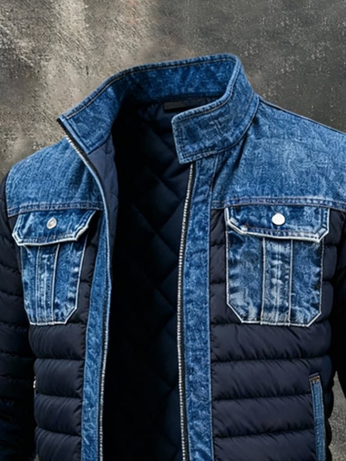 Men's Denim Puffer Jacket with Stand Collar and Zip Closure