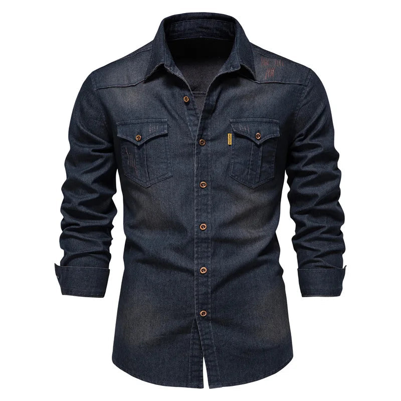Men's Denim Shirt Long Sleeve with Button Closure and Chest Pockets
