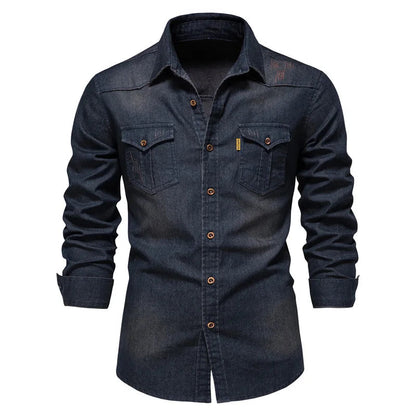 Men's Denim Shirt Long Sleeve with Button Closure and Chest Pockets