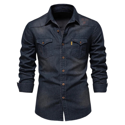 Men's Denim Shirt Long Sleeve with Button Closure and Chest Pockets