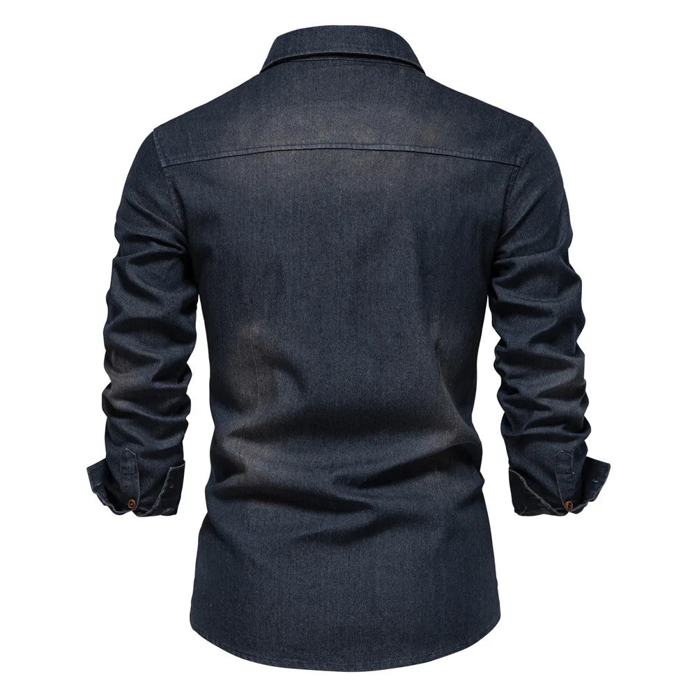 Men's Denim Shirt Long Sleeve with Button Closure and Chest Pockets