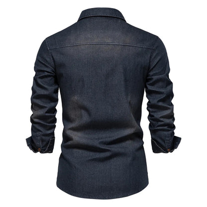 Men's Denim Shirt Long Sleeve with Button Closure and Chest Pockets