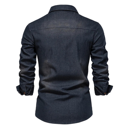 Men's Denim Shirt Long Sleeve with Button Closure and Chest Pockets