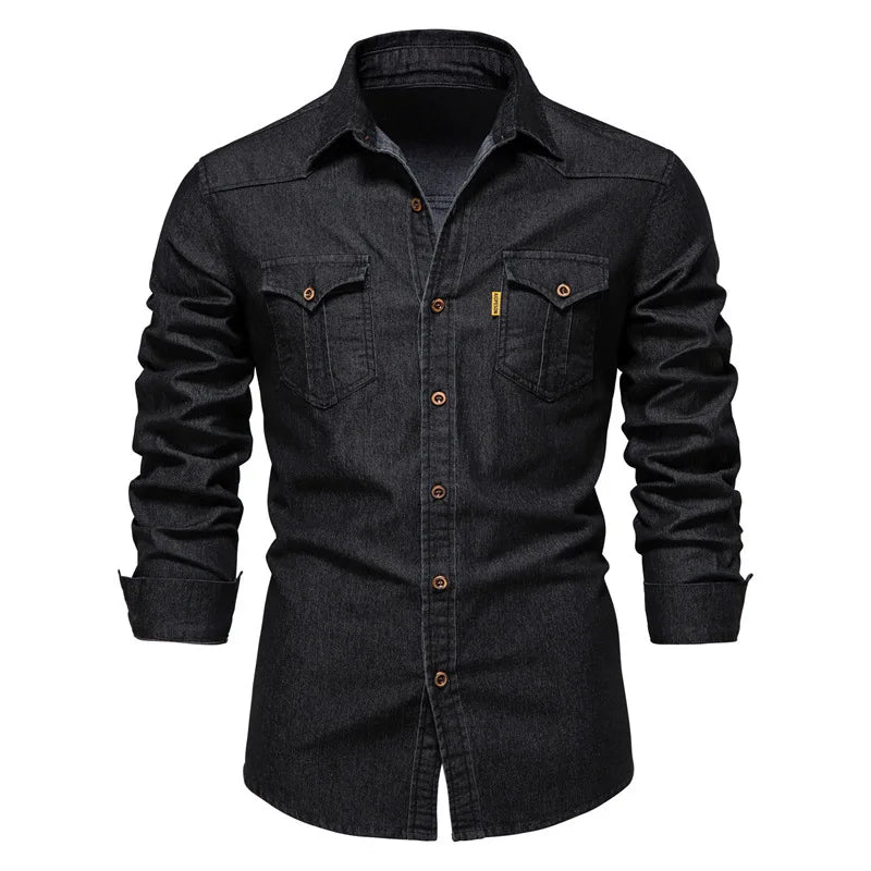 Men's Denim Shirt Long Sleeve with Button Closure and Chest Pockets