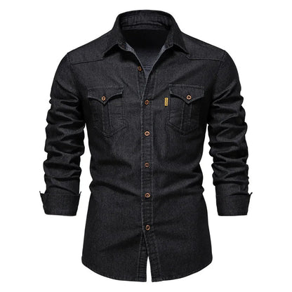Men's Denim Shirt Long Sleeve with Button Closure and Chest Pockets