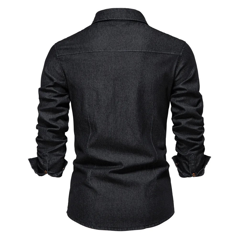 Men's Denim Shirt Long Sleeve with Button Closure and Chest Pockets