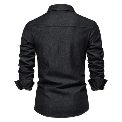 Men's Denim Shirt Long Sleeve with Button Closure and Chest Pockets