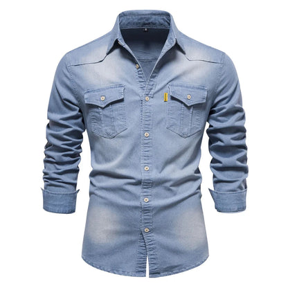 Men's Denim Shirt Long Sleeve with Button Closure and Chest Pockets