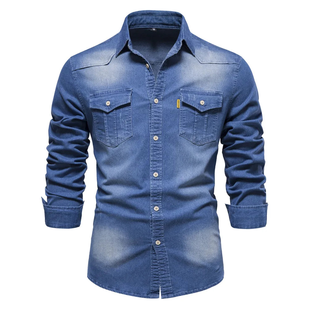Men's Denim Shirt Long Sleeve with Button Closure and Chest Pockets