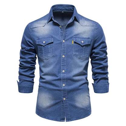 Men's Denim Shirt Long Sleeve with Button Closure and Chest Pockets