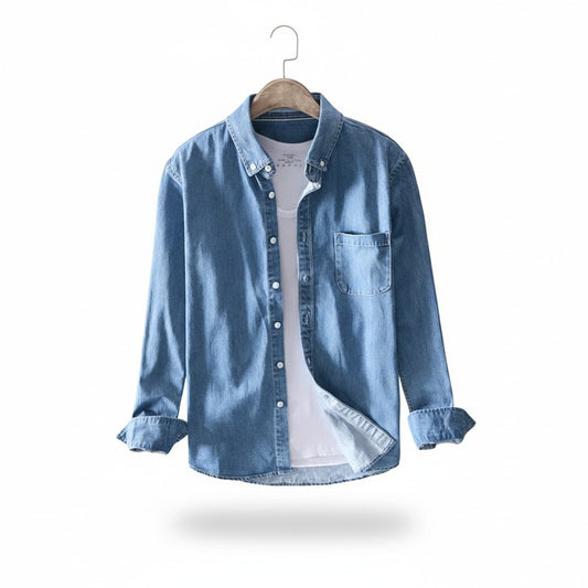 Men's Denim Shirt Long Sleeve with Button-Down Collar and Chest Pocket
