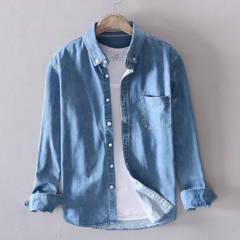 Men's Denim Shirt Long Sleeve with Button-Down Collar and Chest Pocket