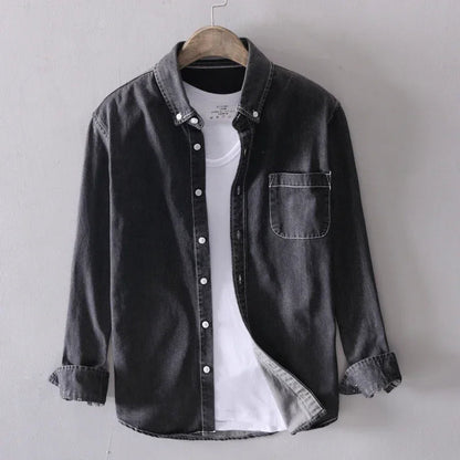 Men's Denim Shirt Long Sleeve with Button-Down Collar and Chest Pocket