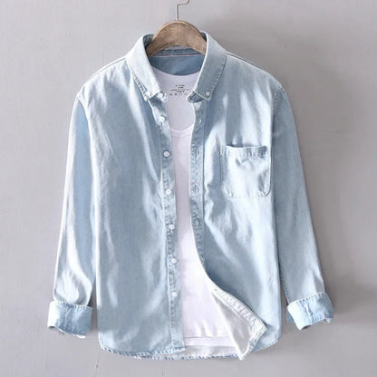 Men's Denim Shirt Long Sleeve with Button-Down Collar and Chest Pocket