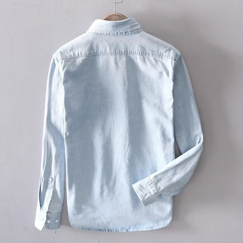 Men's Denim Shirt Long Sleeve with Button-Down Collar and Chest Pocket