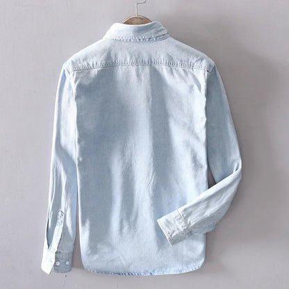 Men's Denim Shirt Long Sleeve with Button-Down Collar and Chest Pocket