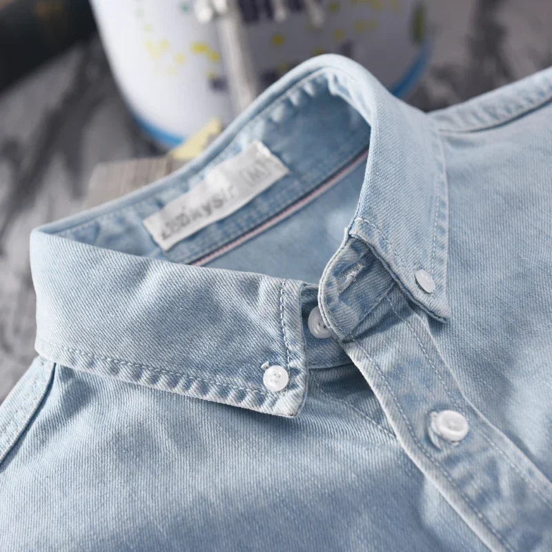 Men's Denim Shirt Long Sleeve with Button-Down Collar and Chest Pocket