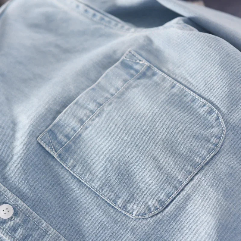 Men's Denim Shirt Long Sleeve with Button-Down Collar and Chest Pocket