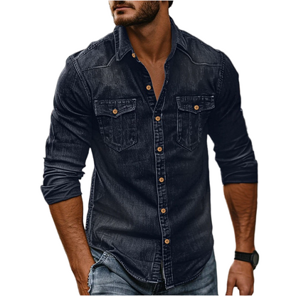 Men's Denim Shirt Long Sleeve with Button-Up Front and Dual Chest Pockets