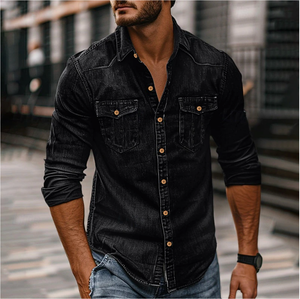 Men's Denim Shirt Long Sleeve with Button-Up Front and Dual Chest Pockets