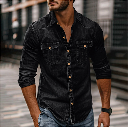 Men's Denim Shirt Long Sleeve with Button-Up Front and Dual Chest Pockets