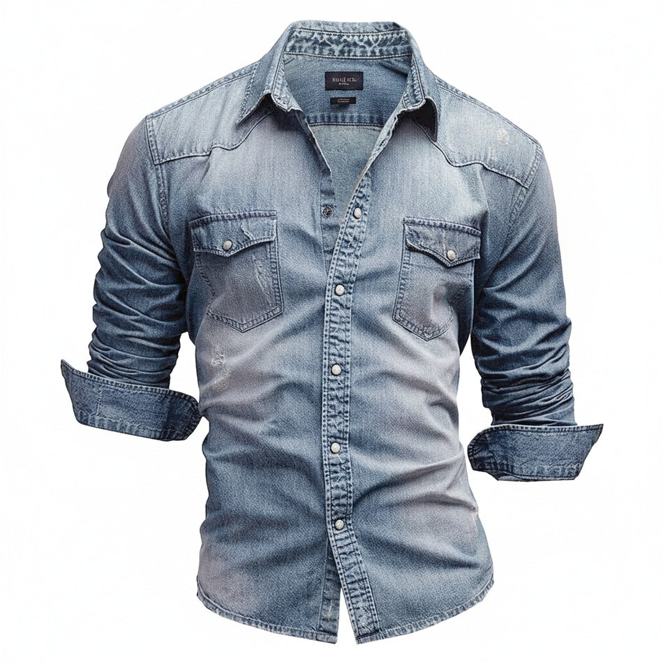 Men's Denim Shirt Long Sleeve with Chest Pockets and Vintage Wash