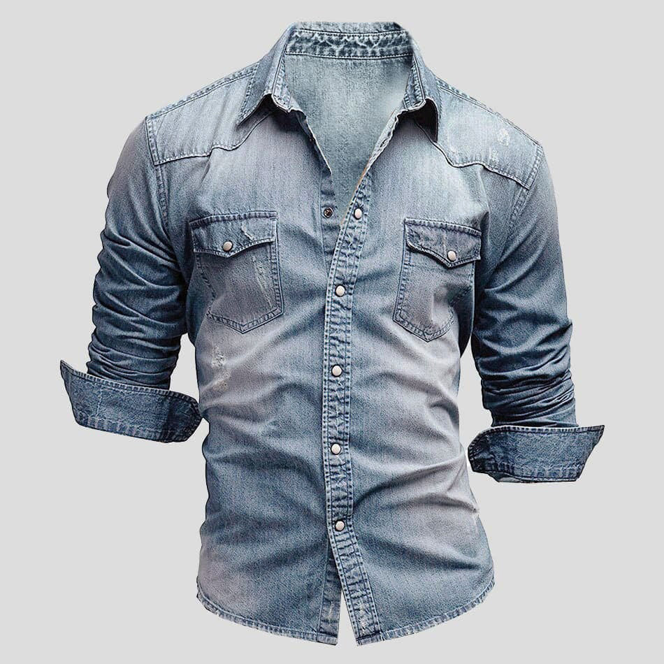 Men's Denim Shirt Long Sleeve with Chest Pockets and Vintage Wash