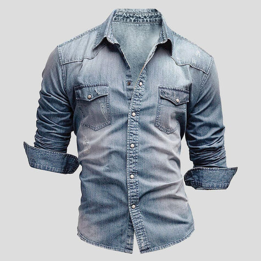 Men's Denim Shirt Long Sleeve with Chest Pockets and Vintage Wash