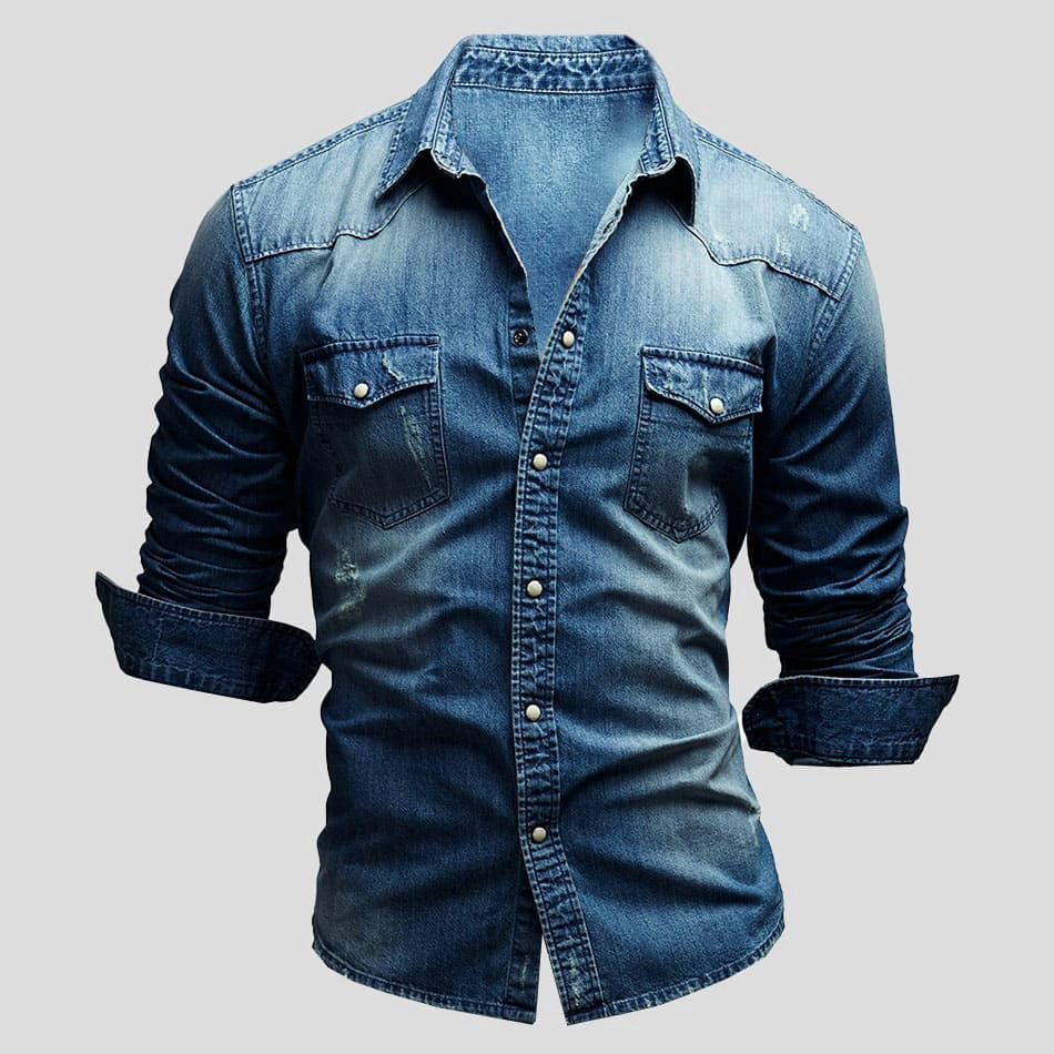 Men's Denim Shirt Long Sleeve with Chest Pockets and Vintage Wash