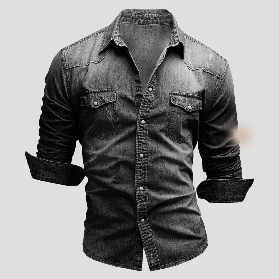 Men's Denim Shirt Long Sleeve with Chest Pockets and Vintage Wash