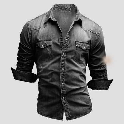 Men's Denim Shirt Long Sleeve with Chest Pockets and Vintage Wash