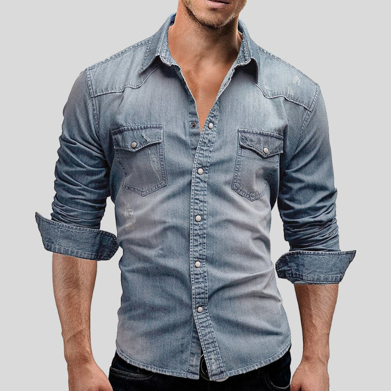 Men's Denim Shirt Long Sleeve with Chest Pockets and Vintage Wash