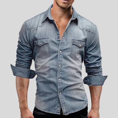 Men's Denim Shirt Long Sleeve with Chest Pockets and Vintage Wash