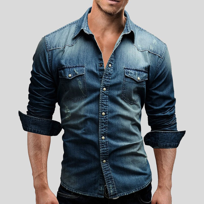 Men's Denim Shirt Long Sleeve with Chest Pockets and Vintage Wash