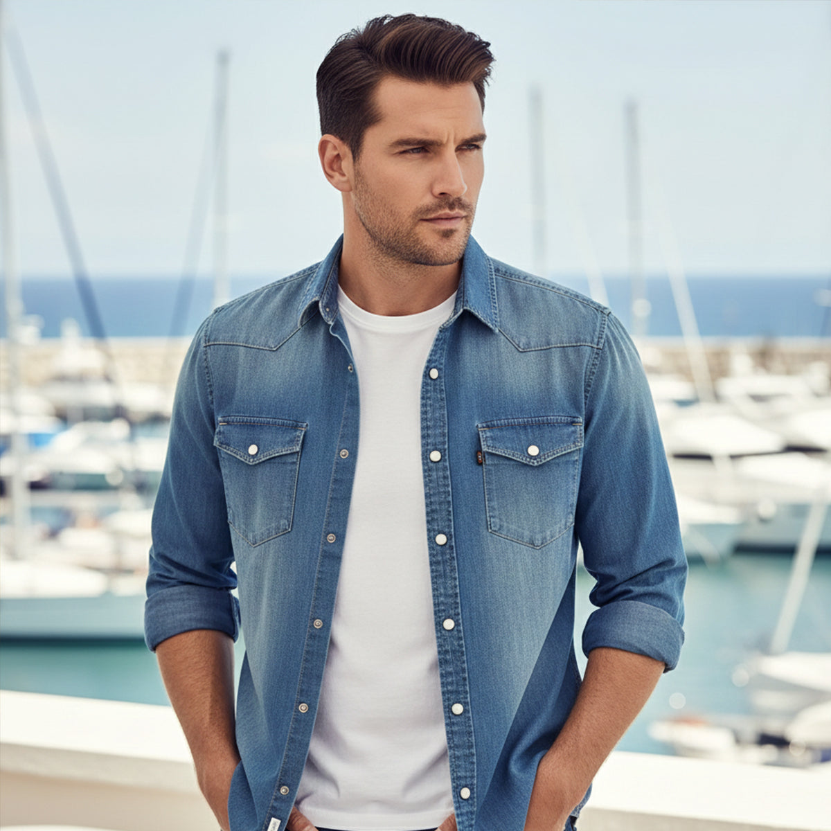 Men's Denim Shirt Long Sleeve with Dual Chest Pockets and Slim Fit