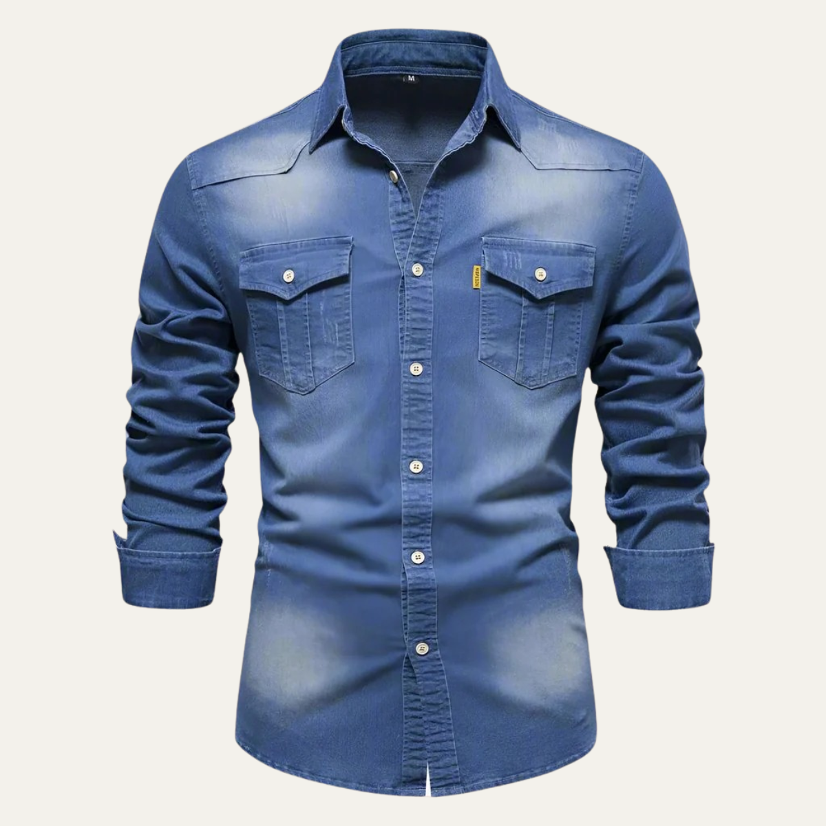 Men's Denim Shirt Long Sleeve with Dual Chest Pockets and Slim Fit