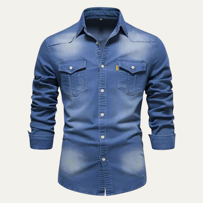 Men's Denim Shirt Long Sleeve with Dual Chest Pockets and Slim Fit