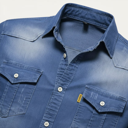 Men's Denim Shirt Long Sleeve with Dual Chest Pockets and Slim Fit