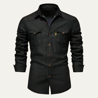 Men's Denim Shirt Long Sleeve with Dual Chest Pockets and Slim Fit
