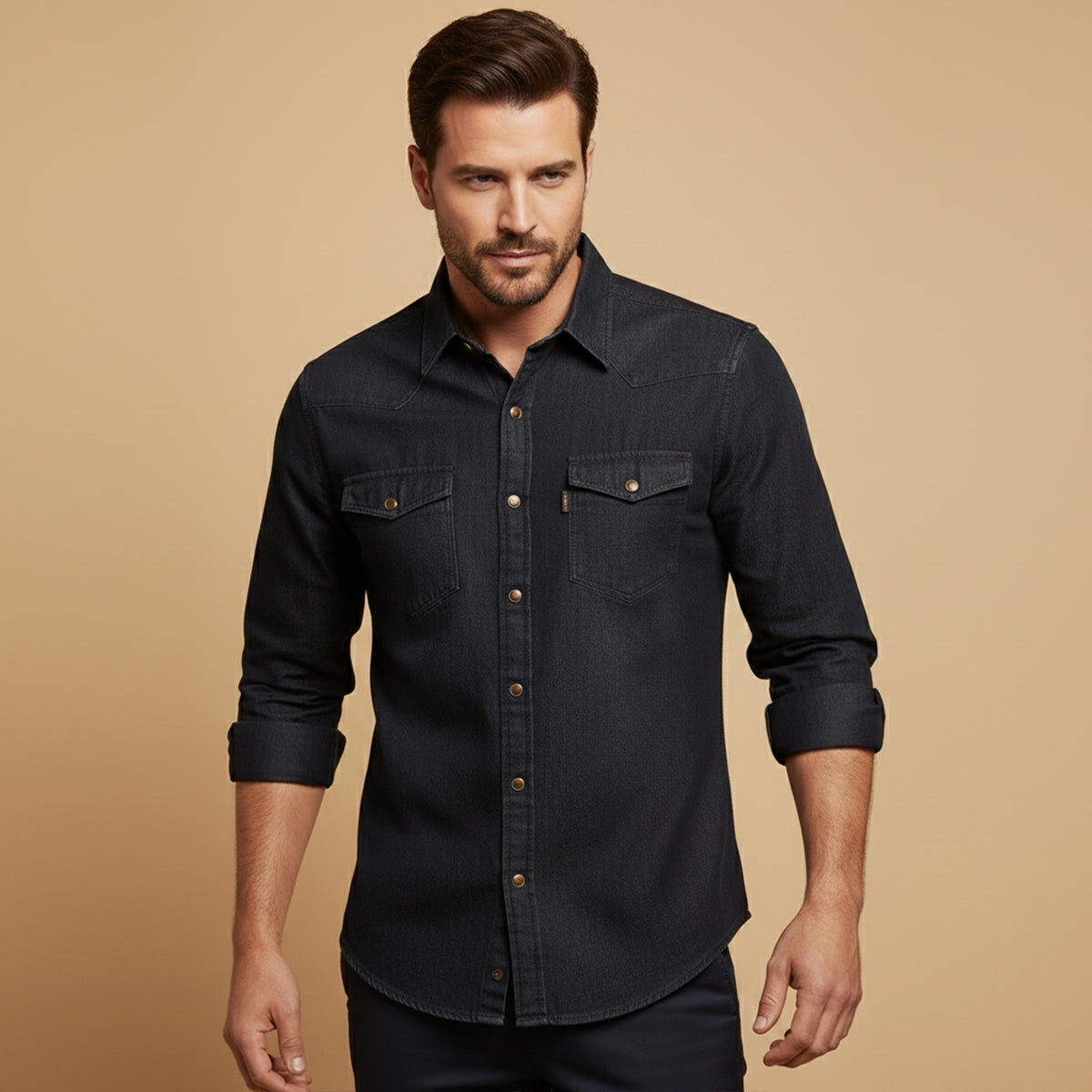 Men's Denim Shirt Long Sleeve with Dual Chest Pockets and Slim Fit