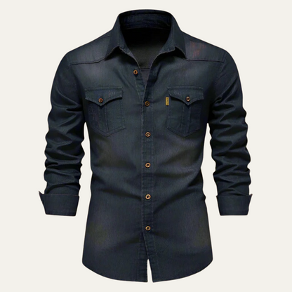 Men's Denim Shirt Long Sleeve with Dual Chest Pockets and Slim Fit