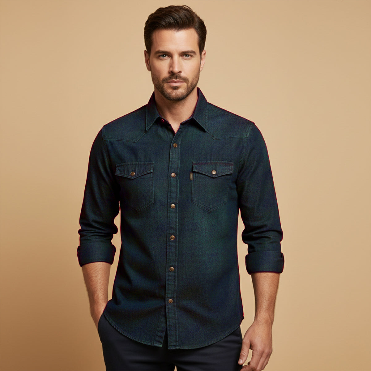 Men's Denim Shirt Long Sleeve with Dual Chest Pockets and Slim Fit