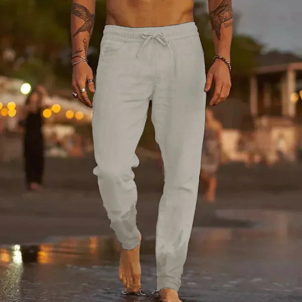 Men's Drawstring Trousers with Elastic Waist and Tapered Leg