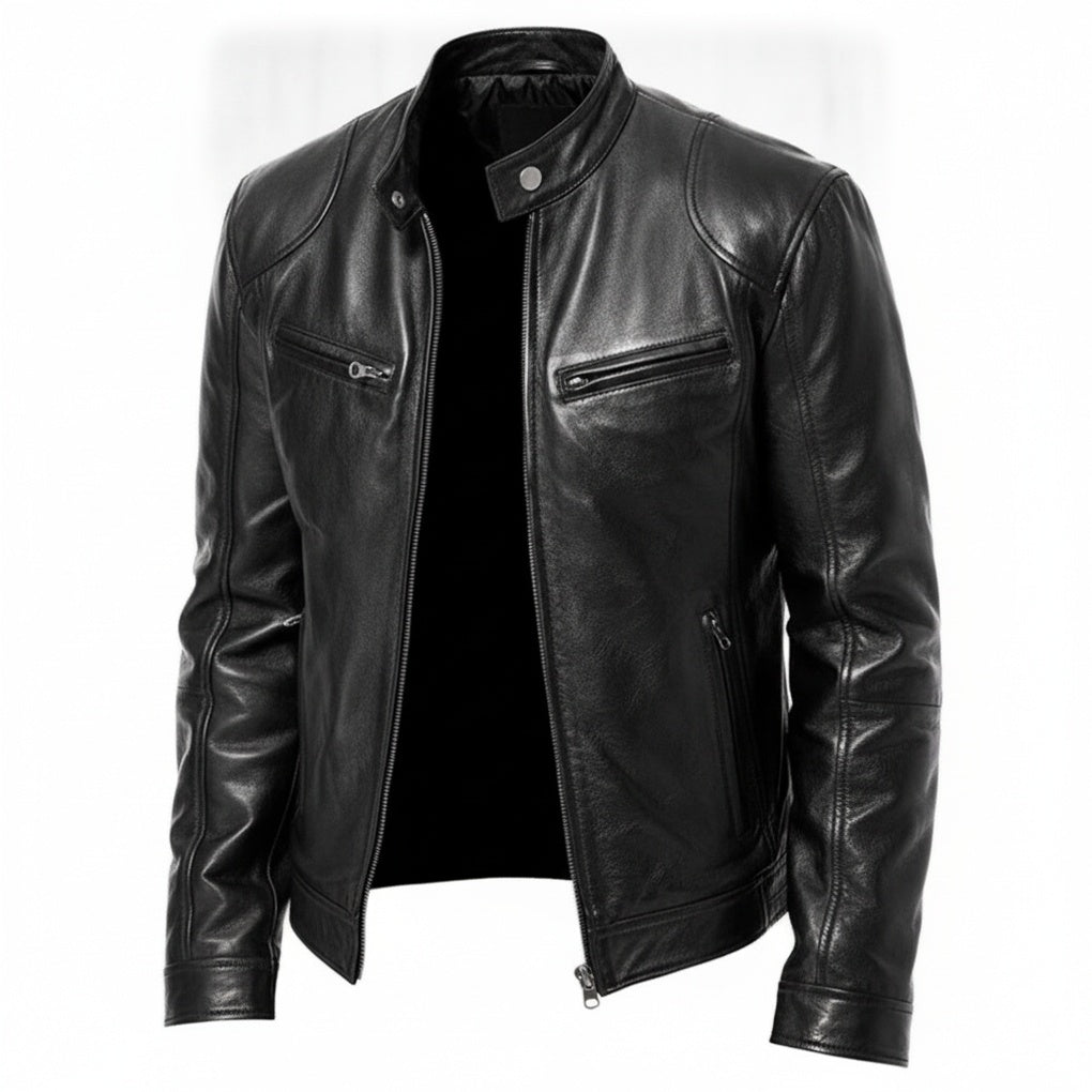 Men's Faux Leather Biker Jacket with Stand Collar and Zip Closure