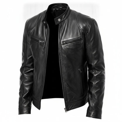 Men's Faux Leather Biker Jacket with Stand Collar and Zip Closure