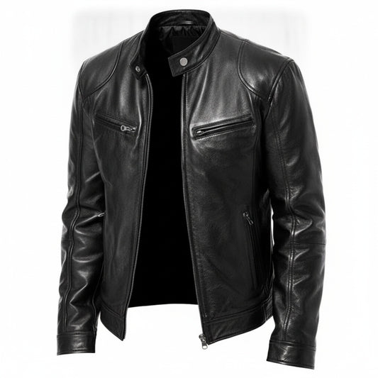 Men's Faux Leather Biker Jacket with Stand Collar and Zip Closure