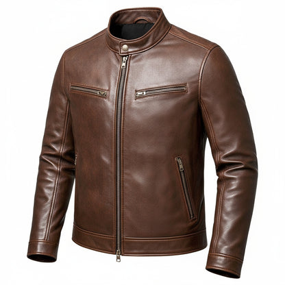 Men's Faux Leather Biker Jacket with Stand Collar and Zip Closure