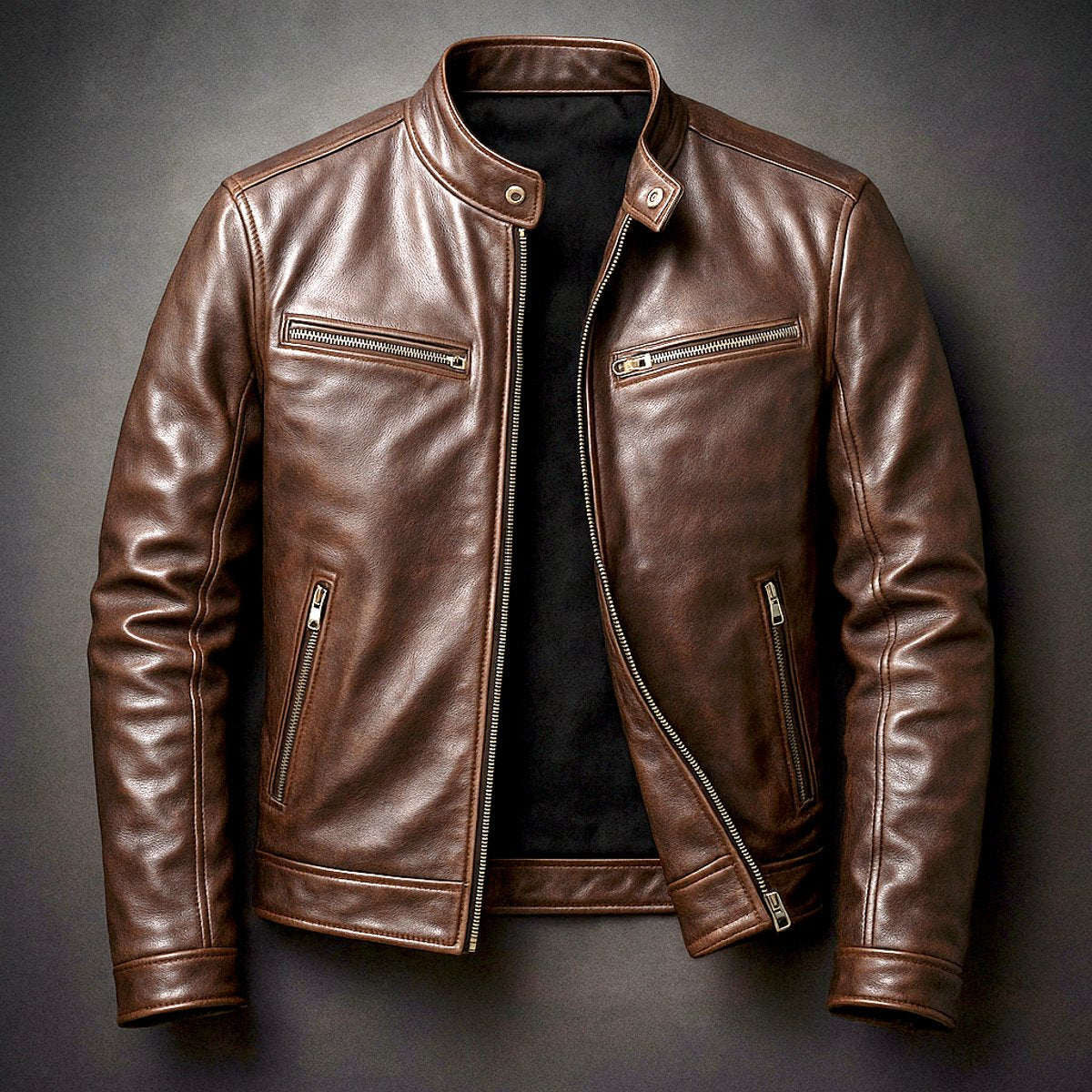 Men's Faux Leather Biker Jacket with Stand Collar and Zip Closure