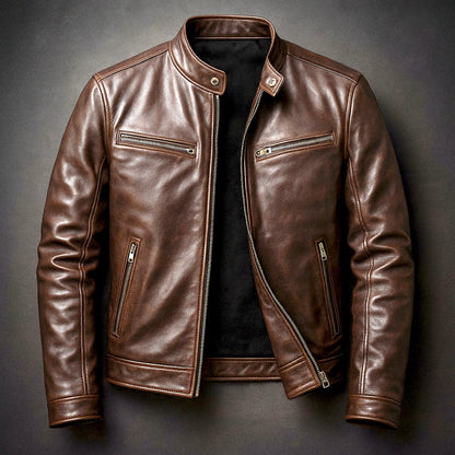 Men's Faux Leather Biker Jacket with Stand Collar and Zip Closure